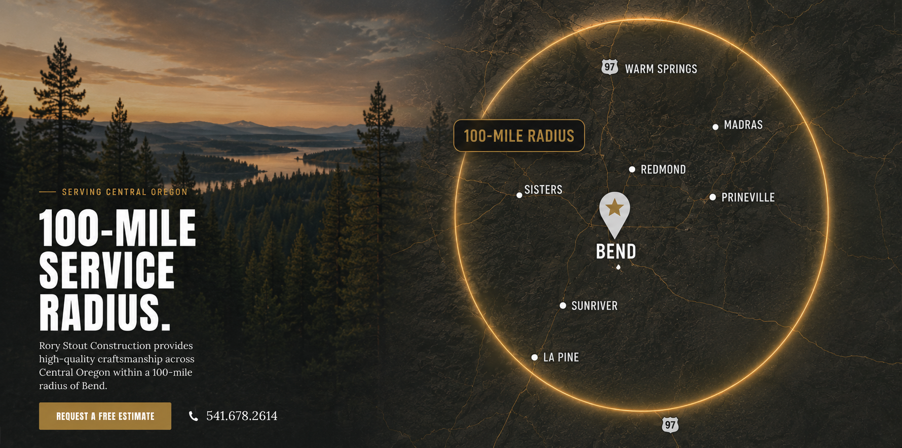 100-mile service radius from Bend, Oregon — covering Sisters, Sunriver, La Pine, Madras, Prineville, Redmond, and Warm Springs